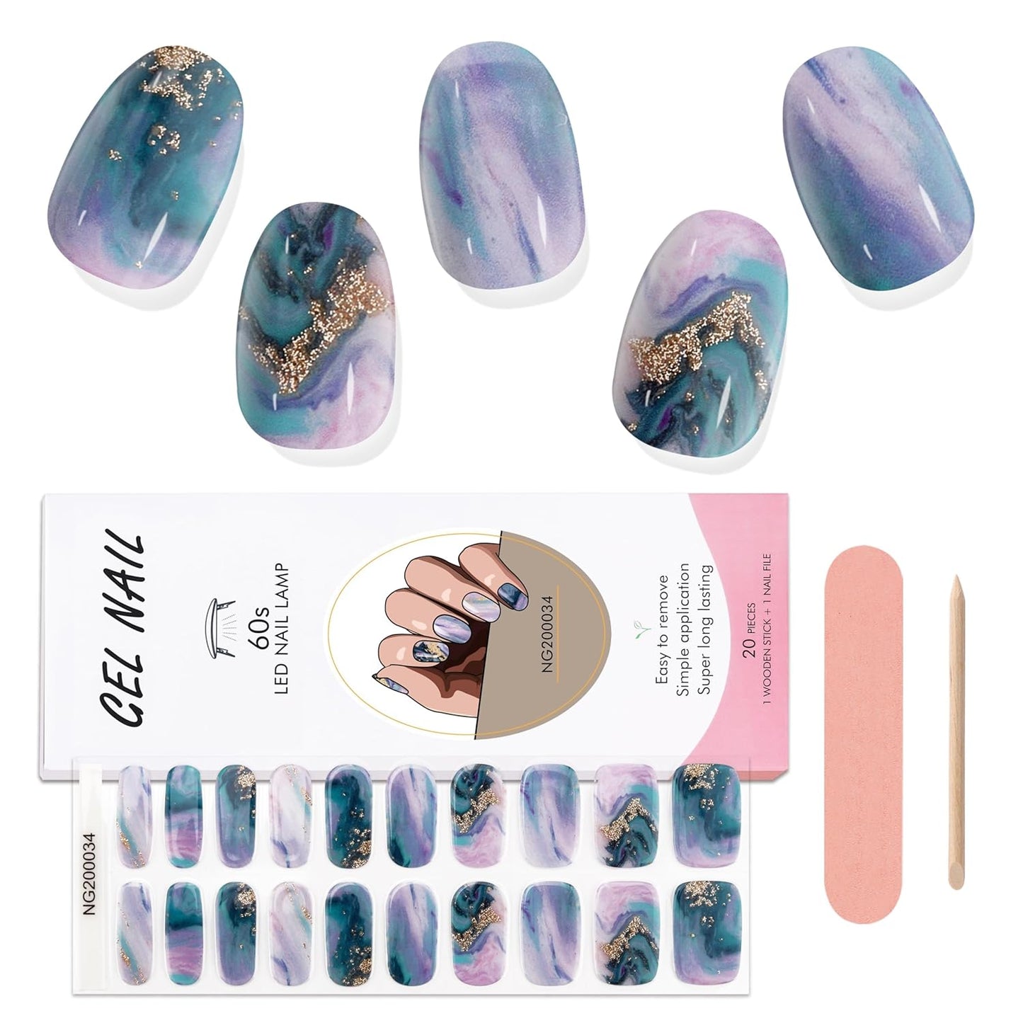 Stunning Blue Marble Gel Nail Strips - Long Lasting, Salon-Quality Full Wrap Stickers with Nail File & Wood Stick (UV/LED Lamp Required)