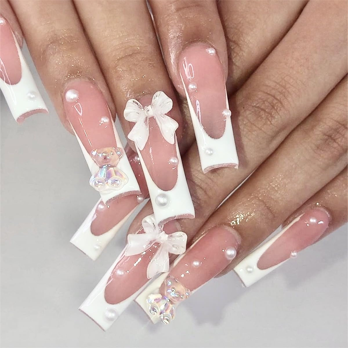 Matte Pink Long Square Press-On Nails - 24 Pcs Glossy French Tip Full Cover Acrylic Manicure for Women & Girls