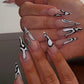 Glamorous 24Pc Halloween Almond Press-On Nails - Sharp French Ballerina Design with Diamond Accents