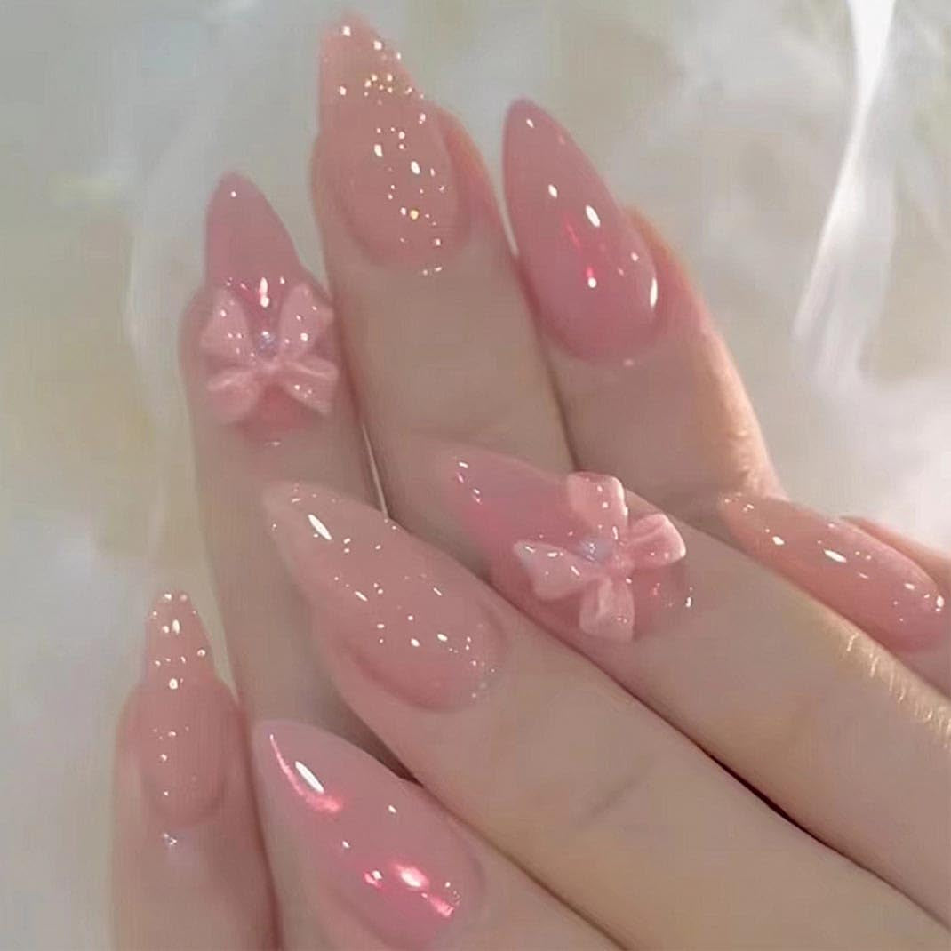 Glamorous Almond Press-On Nails - Medium Pink Glossy French Tips with Adorable Bow - 30 Pcs Set for Effortless Elegance