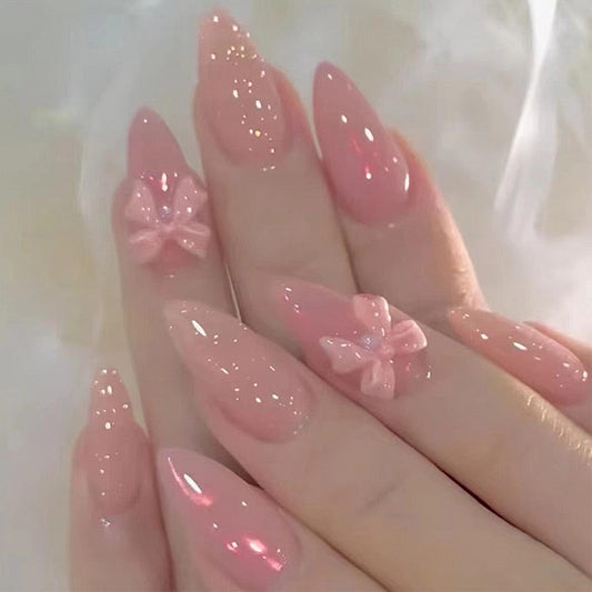 Glamorous Almond Press-On Nails - Medium Pink Glossy French Tips with Adorable Bow - 30 Pcs Set for Effortless Elegance