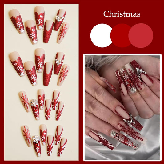 Elegant Luxury Christmas Press-On Nails with 3D Snowflake & Elk Charms - 24 Pcs Red Glitter Full Cover Designs for a Festive New Year Look