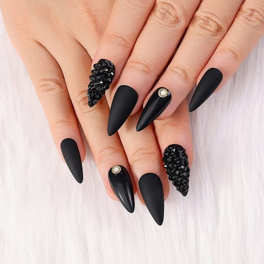 Glamorous 24Pcs Press-On Nails Set - Black Medium Long Almond Stiletto with Matte & Glossy Finish, Includes 3D Rhinestones & Gold Nail Studs for Stunning Manicures!