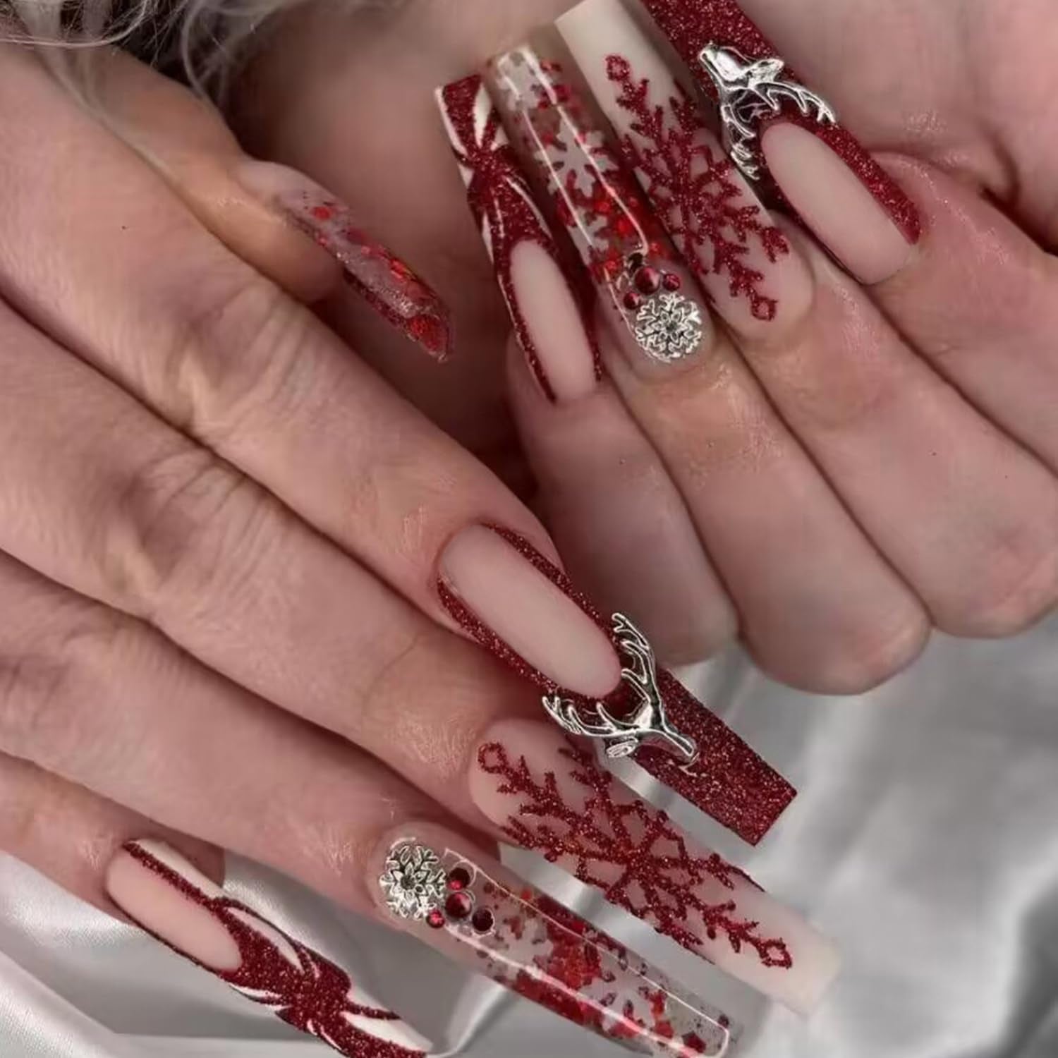 Elegant Luxury Christmas Press-On Nails with 3D Snowflake & Elk Charms - 24 Pcs Red Glitter Full Cover Designs for a Festive New Year Look