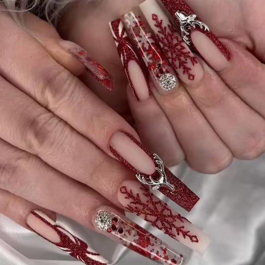 Elegant Luxury Christmas Press-On Nails with 3D Snowflake & Elk Charms - 24 Pcs Red Glitter Full Cover Designs for a Festive New Year Look