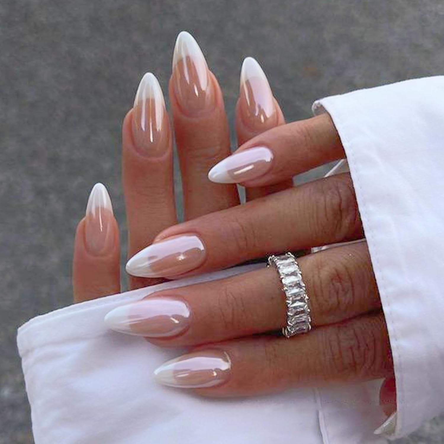 French Tip Chrome Press on Nails Almond Medium Fake Nails with Mirror Designs Glossy Glue on Acrylic Nails Nude Full Cover False Nails for Women