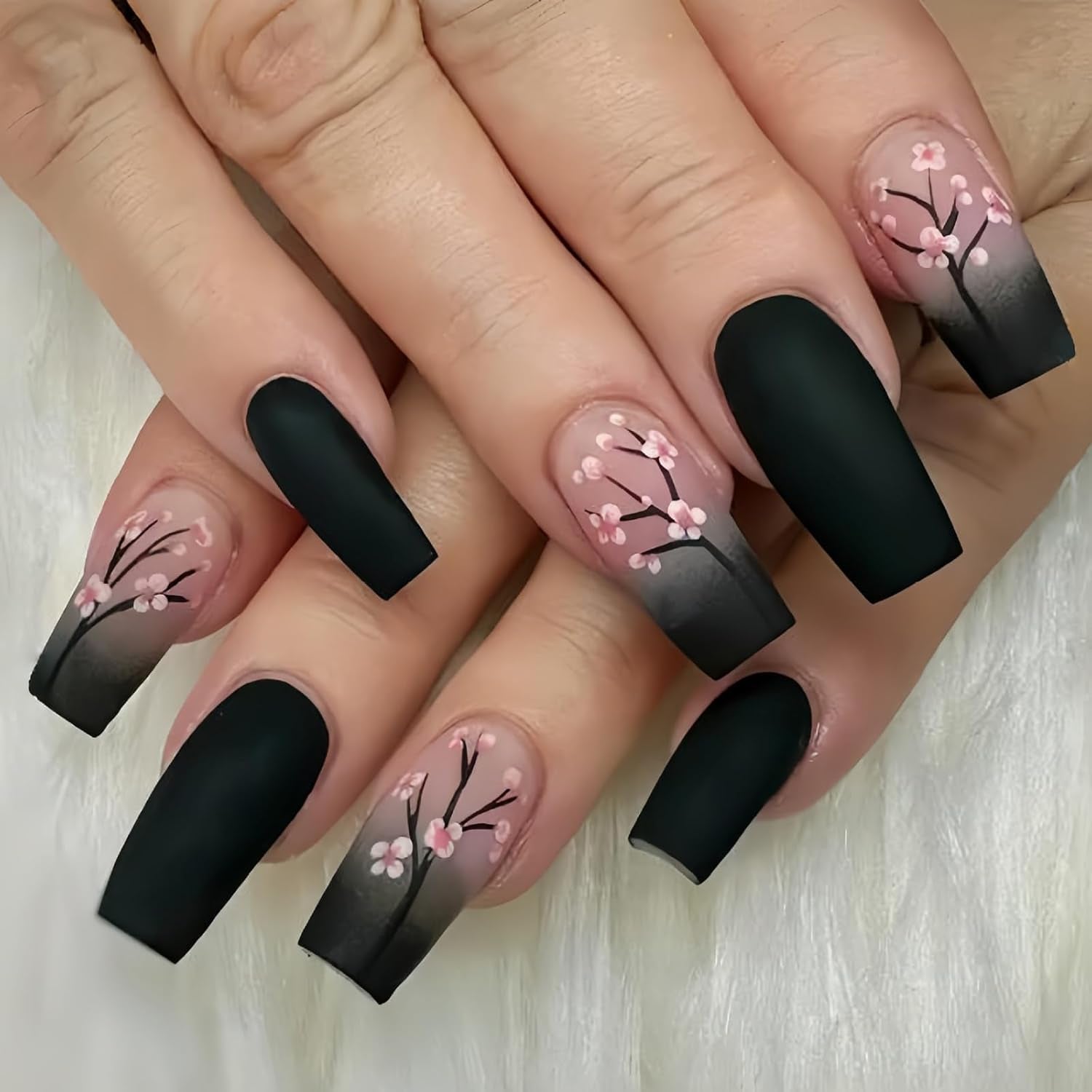 Gorgeous Medium Square Black Press-On Nails with Pink Flowers - 24 Pcs Glossy Full Cover Acrylic Stick-Ons for Women & Girls - Perfect Winter Nail Art!
