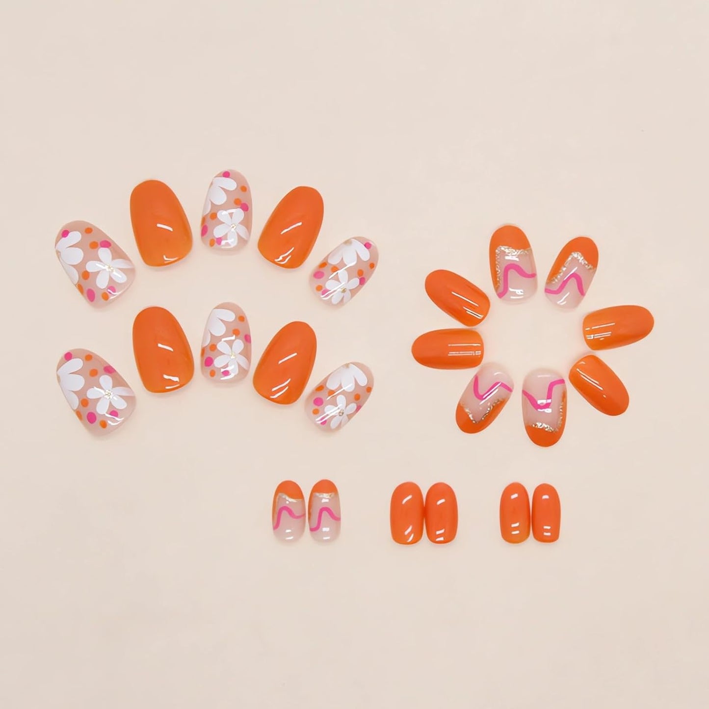 Cute Flower Press-On Nails - 24Pcs Glossy Orange Short Almond Fake Nails for Spring & Summer Nail Art