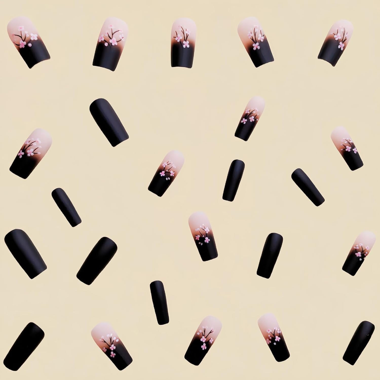 Gorgeous Medium Square Black Press-On Nails with Pink Flowers - 24 Pcs Glossy Full Cover Acrylic Stick-Ons for Women & Girls - Perfect Winter Nail Art!
