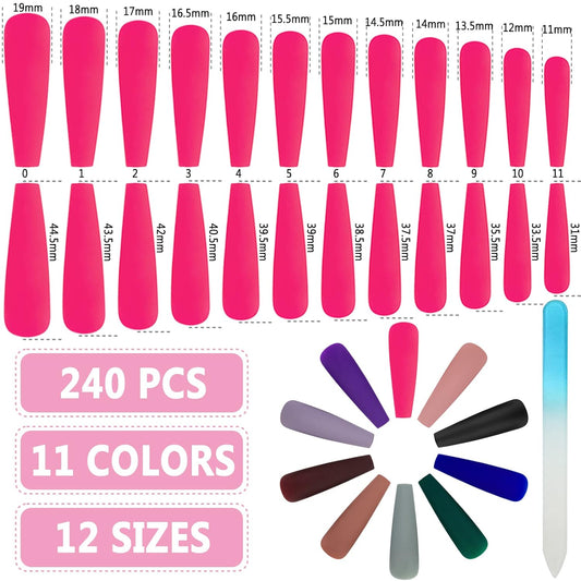 240Pcs XXL Extra Long Ballerina Press on Nails - 10 Color Matte Coffin Acrylic Full Cover Tips for Stunning Manicures