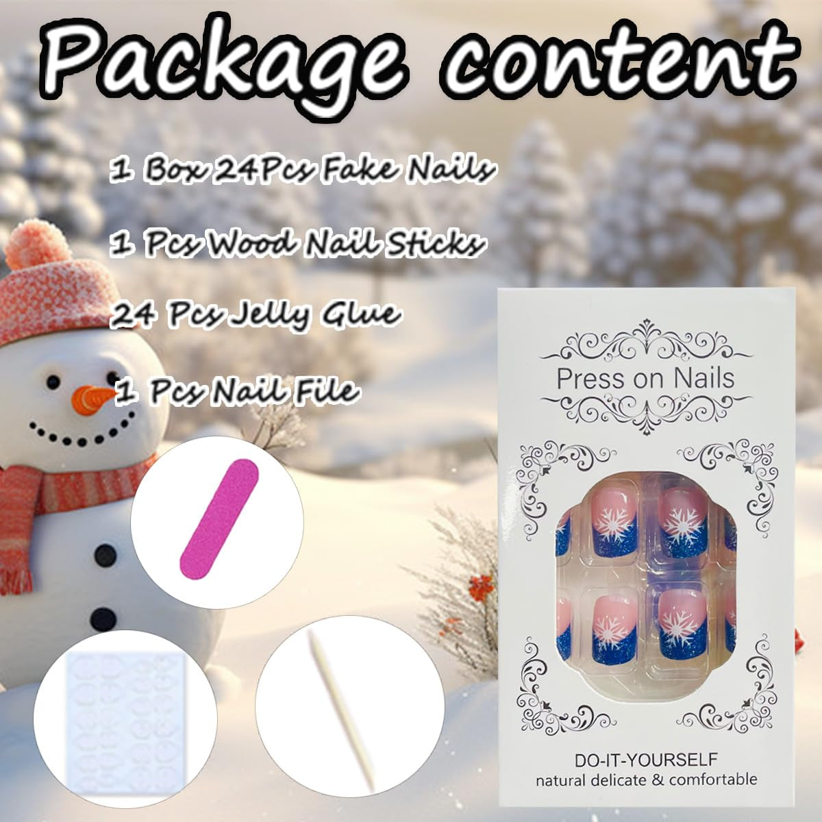 24Pcs Festive Blue Glitter Snowflake Press-On Nails - Short Square French Tips with Rhinestone Design for a Sparkling Christmas Look
