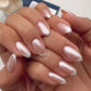 French Tip Chrome Press on Nails Almond Medium Fake Nails with Mirror Designs Glossy Glue on Acrylic Nails Nude Full Cover False Nails for Women