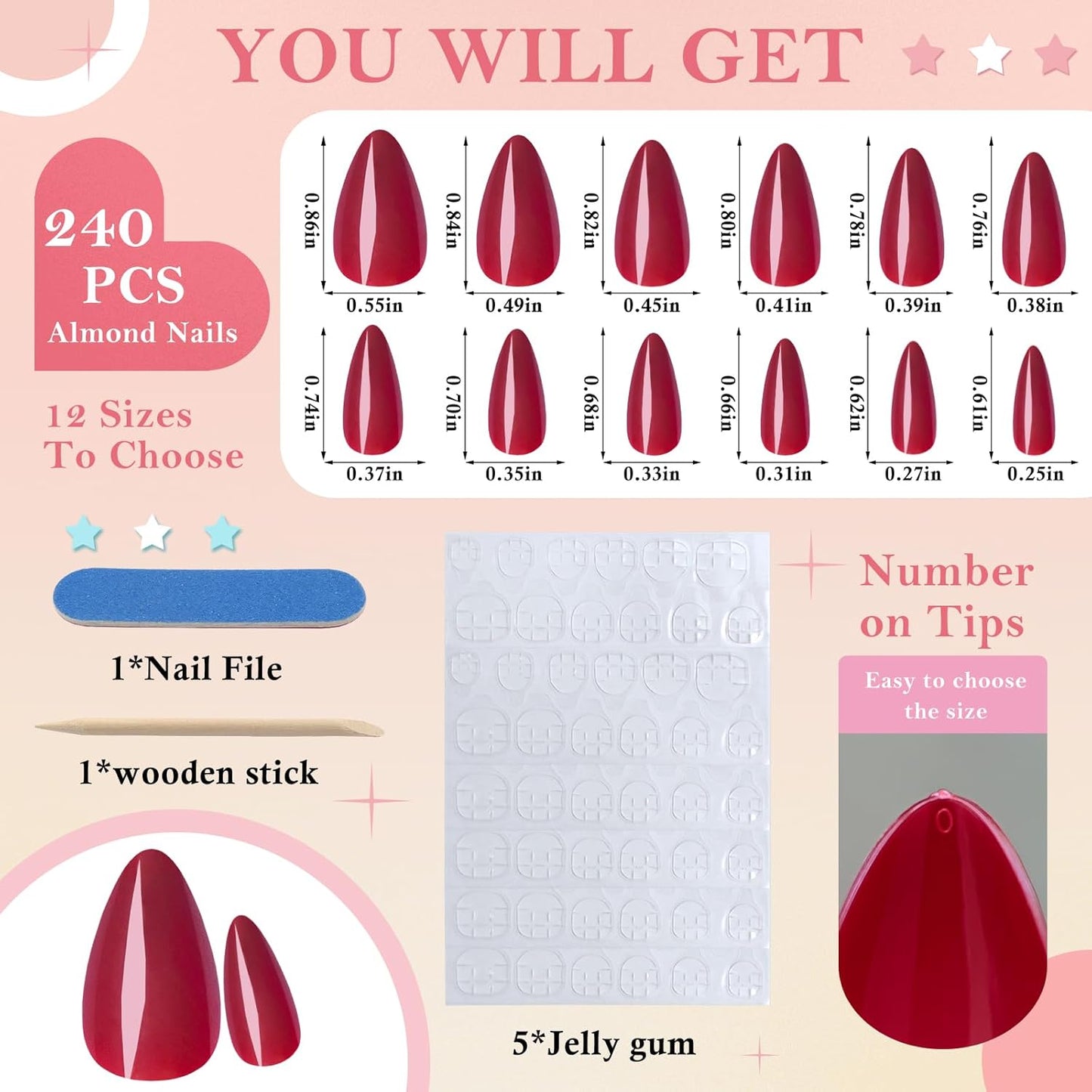 240 Pcs Almond Red Press-On Nails - Full Cover Solid Color Acrylic Fake Nails with 5 Sheets Adhesive Tabs for Effortless Glam!