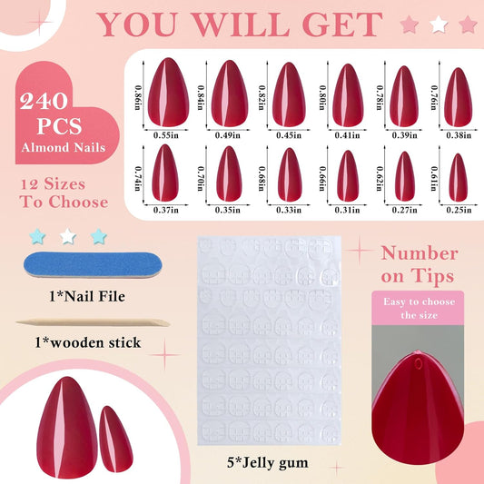 240 Pcs Almond Red Press-On Nails - Full Cover Solid Color Acrylic Fake Nails with 5 Sheets Adhesive Tabs for Effortless Glam!
