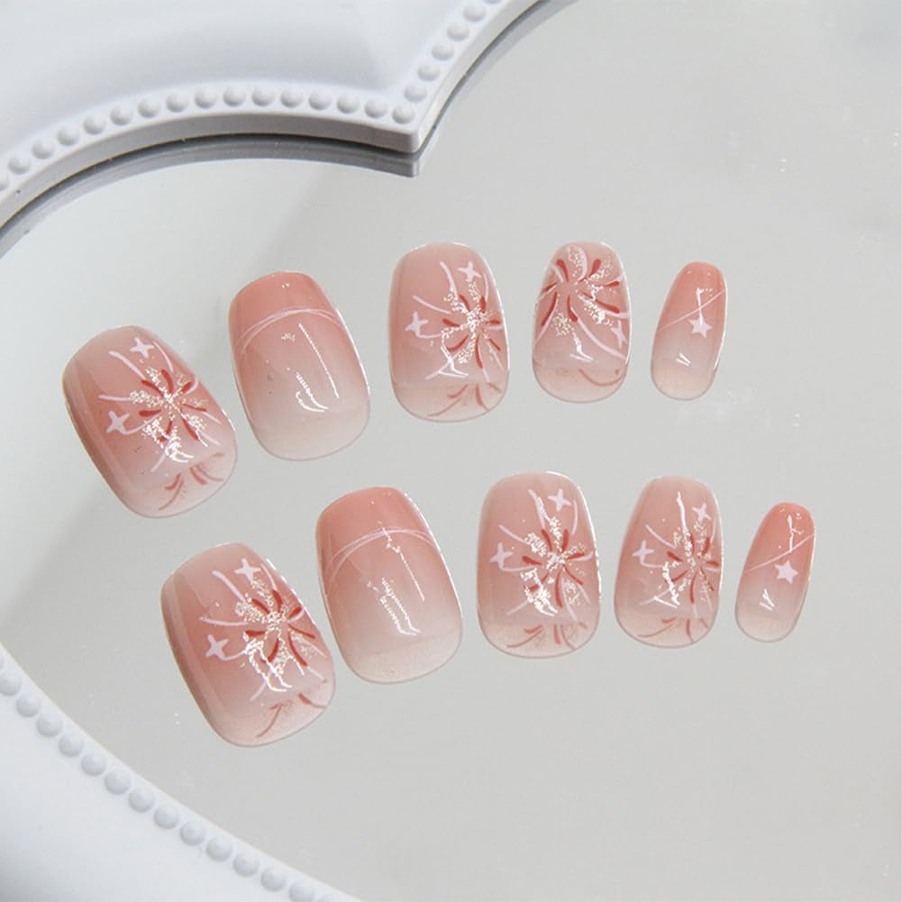 24Pcs Short Square Acrylic Press-On Nails - Pink White Ombre with Fireworks Design - Stylish Artificial Nails for Women & Girls