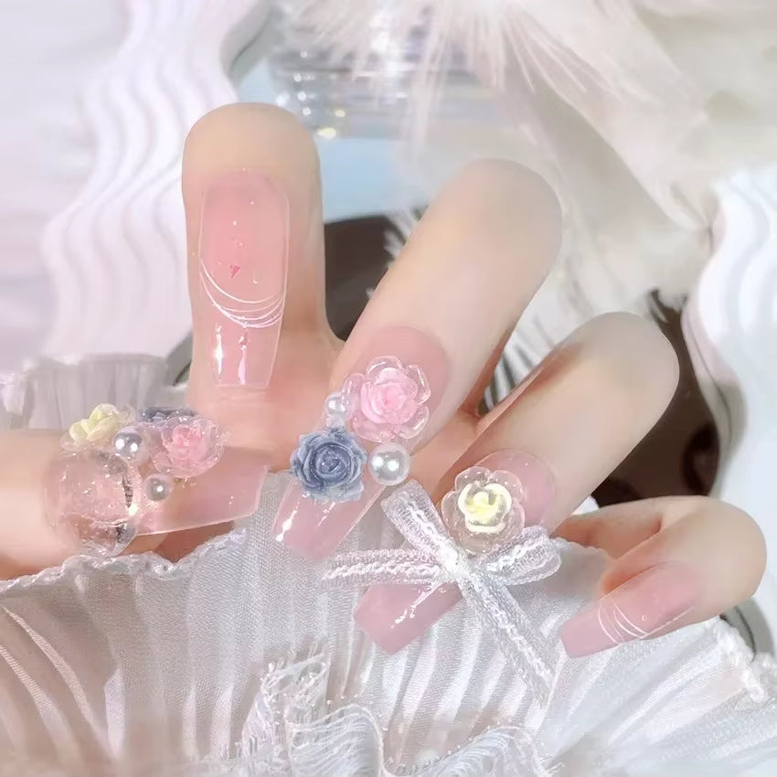 Luxury 24Pcs Butterfly Flower Press-On Nails with Rhinestones - Removable Full Cover Acrylic Fake Nails with Glue