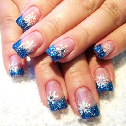 24Pcs Festive Blue Glitter Snowflake Press-On Nails - Short Square French Tips with Rhinestone Design for a Sparkling Christmas Look